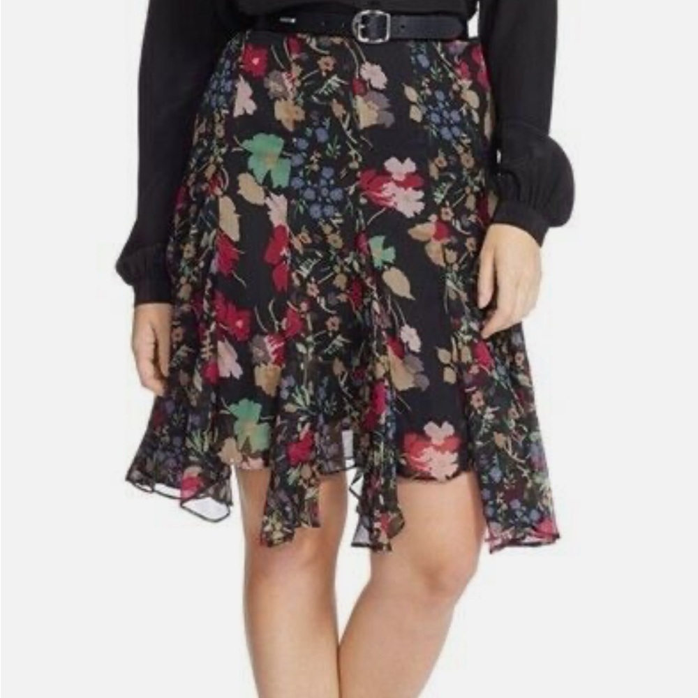 Y2K LAUREN RALPH LAUREN Ruffled Floral Georgette Skirt, Black/Multi
